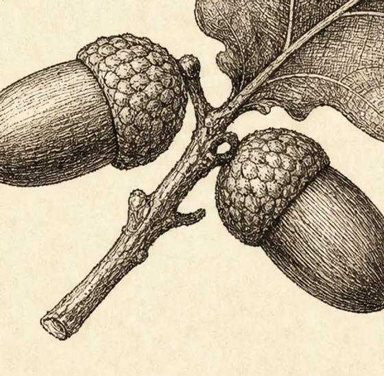 Engraving of two ripe acorns in textured cups on a short twig, sepia ink on cream.