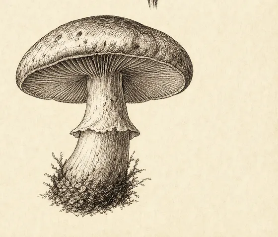 Engraving of a gilled mushroom rising from mossy ground, crosshatched in sepia ink.