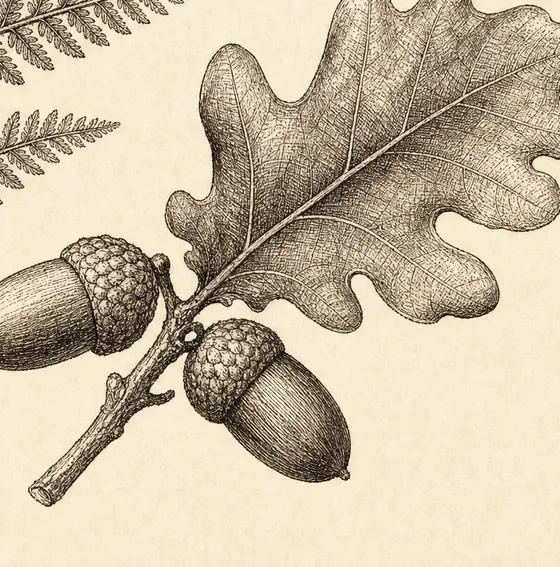 Engraving of an oak leaf on a twig with two acorns, finely hatched in sepia ink.