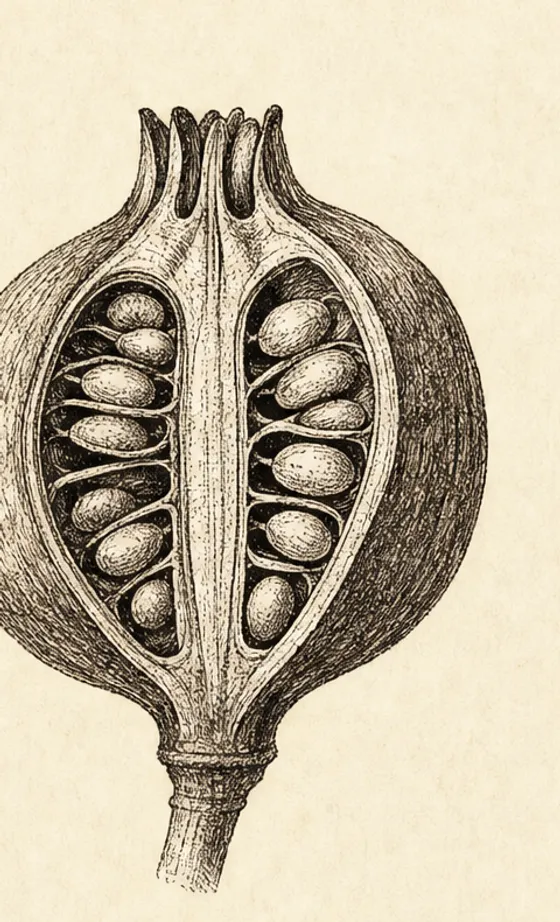 Engraving of a seed pod cut open in cross-section, rows of seeds visible inside, sepia ink.