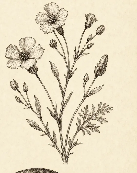 Engraving of a sprig of wildflowers with open five-petalled blooms and buds, fine sepia crosshatching.