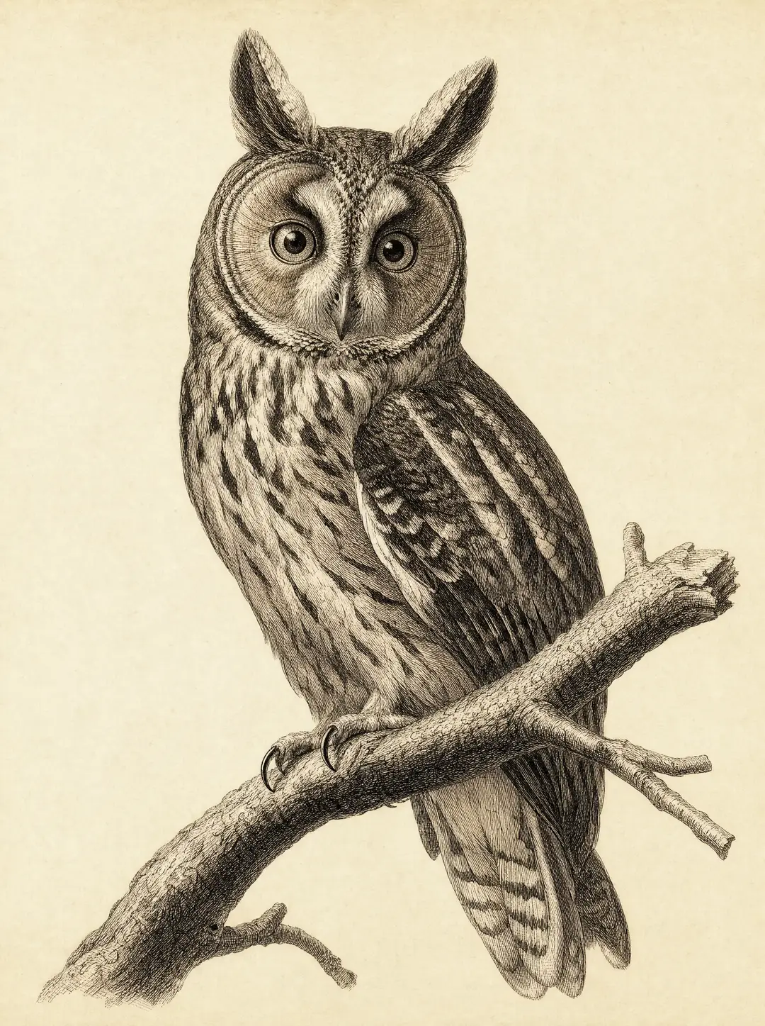 Antique copperplate engraving of a long-eared owl perched on a bare branch, rendered in fine crosshatched sepia ink on cream paper, gazing directly at the viewer.
